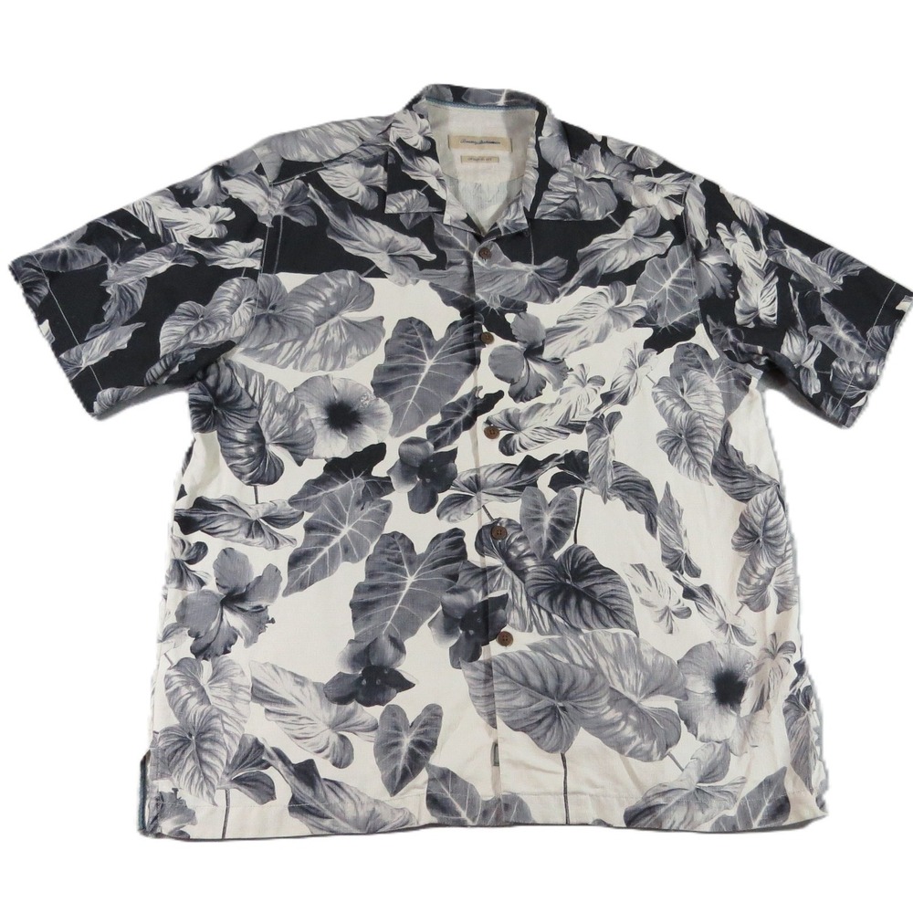 Tommy Bahama Silk Hawaiian Shirt Men L Gray Floral Camp Original Fit Aloha EUC